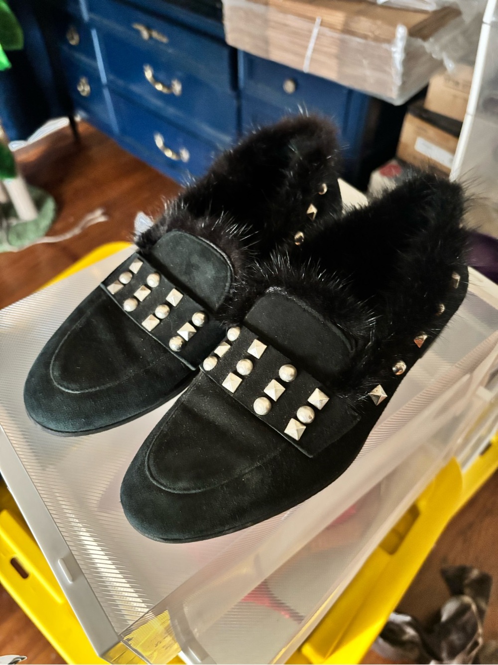 Black Faux Fur Studded Women’s Italian Loafers